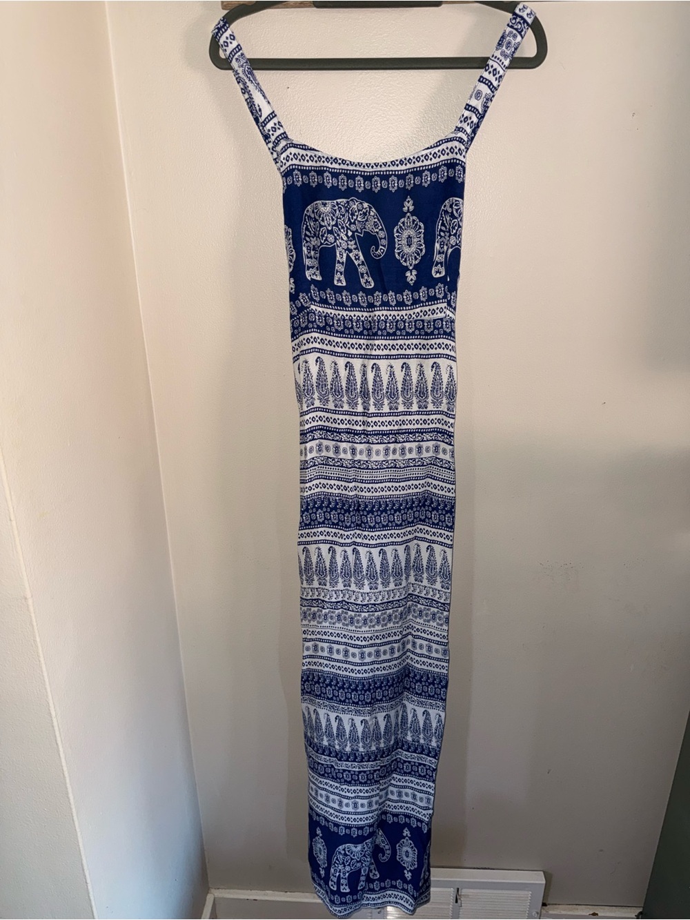 Blue & White Elephant-Print Maxi Sundress